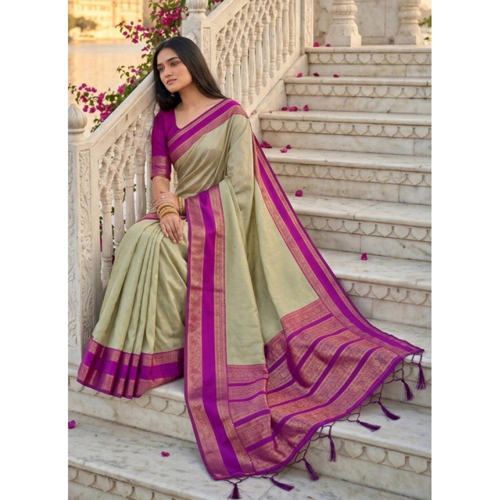 Women's Silk Blend Printed Saree With Unstitched Blouse 5.5 Mtr (Light Green-Pink)