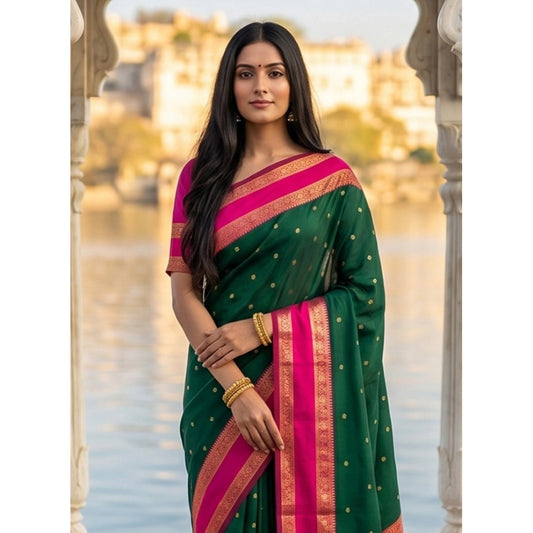 Women's Silk Blend Printed Saree With Unstitched Blouse 5.5m (Dark Green-Pink)