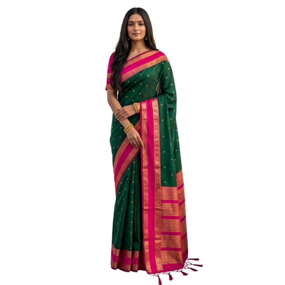 Women's Silk Blend Printed Saree With Unstitched Blouse 5.5 Mtr (Dark Green-Pink)