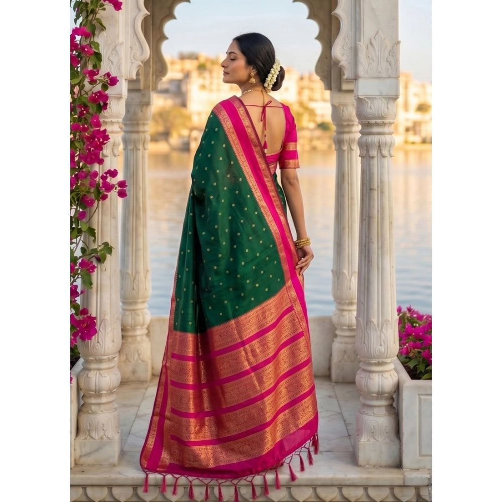 Women's Silk Blend Printed Saree With Unstitched Blouse 5.5 Mtr (Dark Green-Pink)