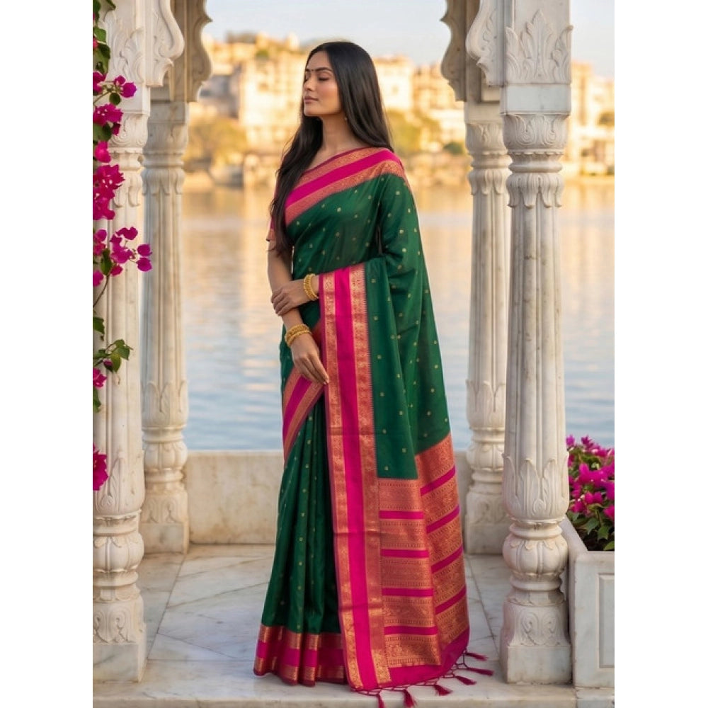 Women's Silk Blend Printed Saree With Unstitched Blouse 5.5 Mtr (Dark Green-Pink)