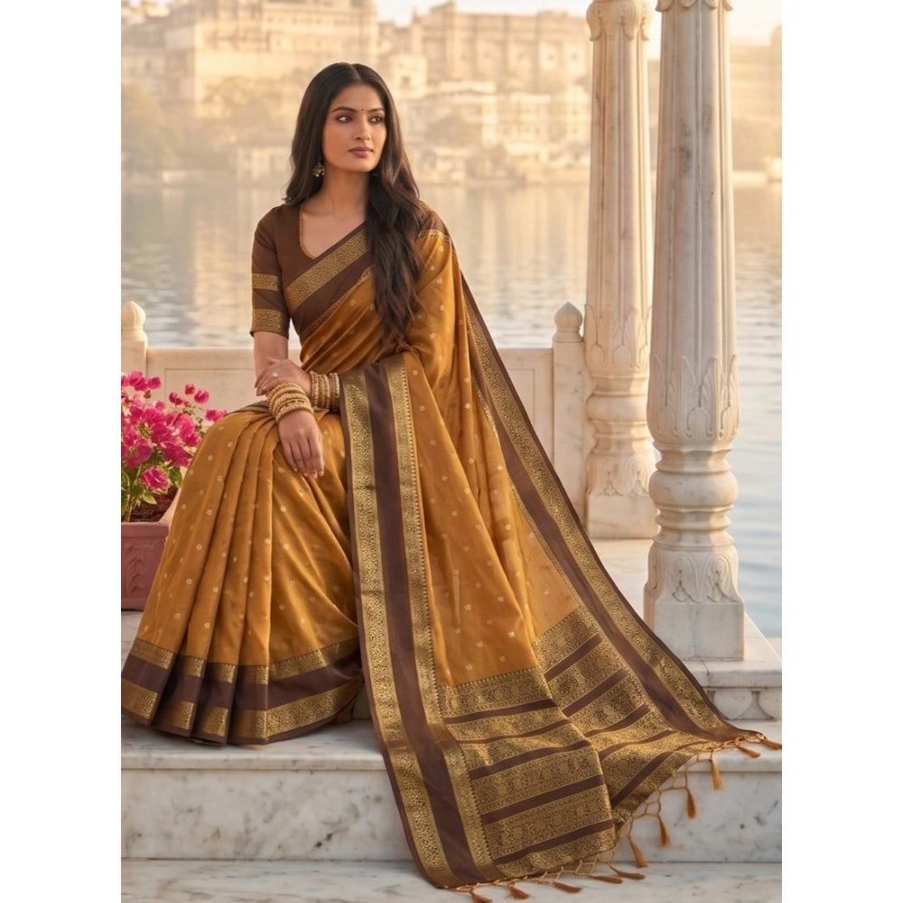Women's Silk Blend Printed Saree With Unstitched Blouse 5.5 Mtr (Mustard-Brown)