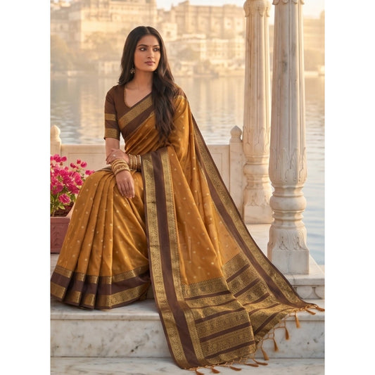 Women's Silk Blend Printed Saree With Unstitched Blouse 5.5m (Mustard-Brown)