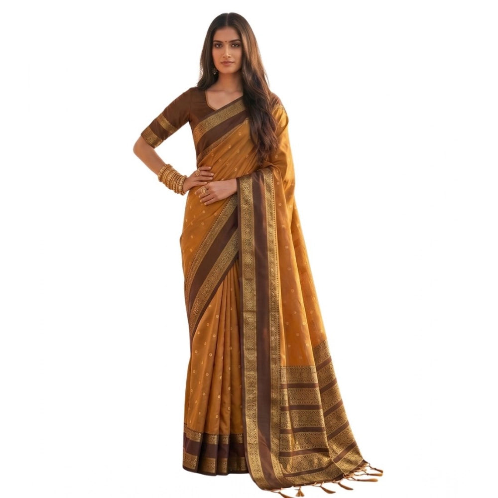 Women's Silk Blend Printed Saree With Unstitched Blouse 5.5 Mtr (Mustard-Brown)