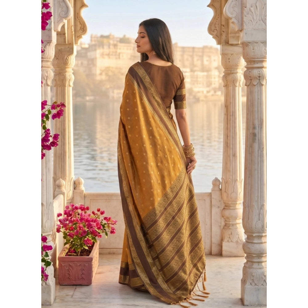 Women's Silk Blend Printed Saree With Unstitched Blouse 5.5 Mtr (Mustard-Brown)