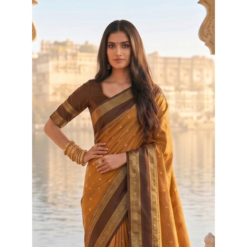 Women's Silk Blend Printed Saree With Unstitched Blouse 5.5 Mtr (Mustard-Brown)