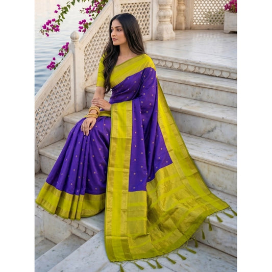 Women's Silk Blend Printed Saree With Unstitched Blouse 5.5m (Purple-Green)