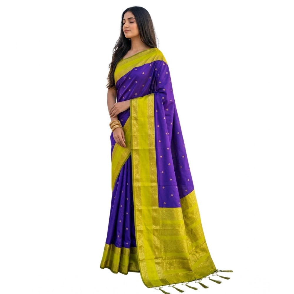 Women's Silk Blend Printed Saree With Unstitched Blouse 5.5 Mtr (Purple-Green)