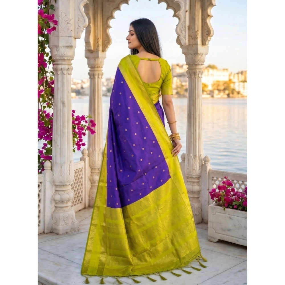 Women's Silk Blend Printed Saree With Unstitched Blouse 5.5 Mtr (Purple-Green)