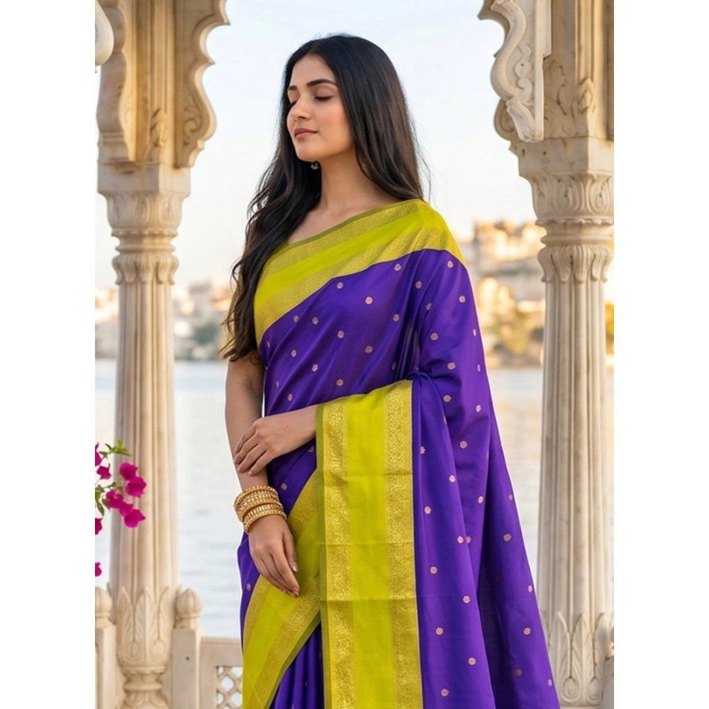 Women's Silk Blend Printed Saree With Unstitched Blouse 5.5 Mtr (Purple-Green)