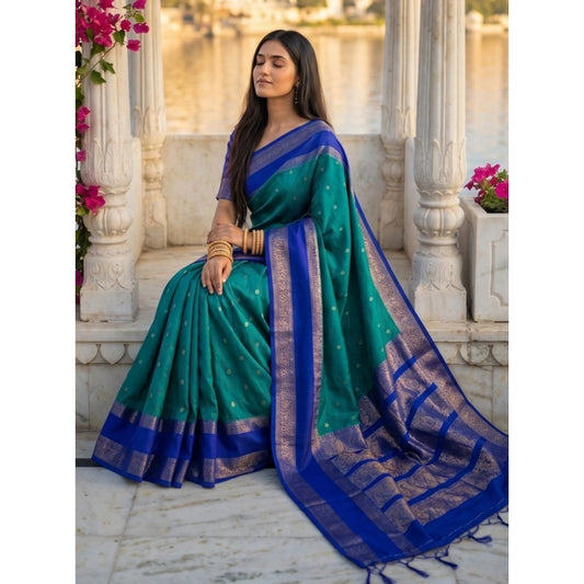 Women's Silk Blend Printed Saree With Unstitched Blouse 5.5m (Teal-Blue)