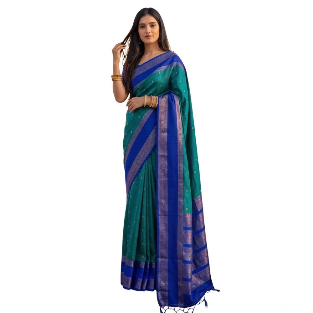 Women's Silk Blend Printed Saree With Unstitched Blouse 5.5 Mtr (Teal-Blue)