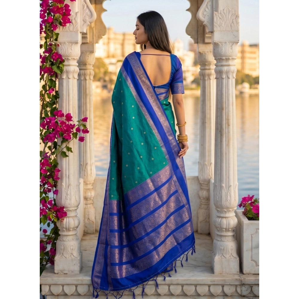 Women's Silk Blend Printed Saree With Unstitched Blouse 5.5 Mtr (Teal-Blue)