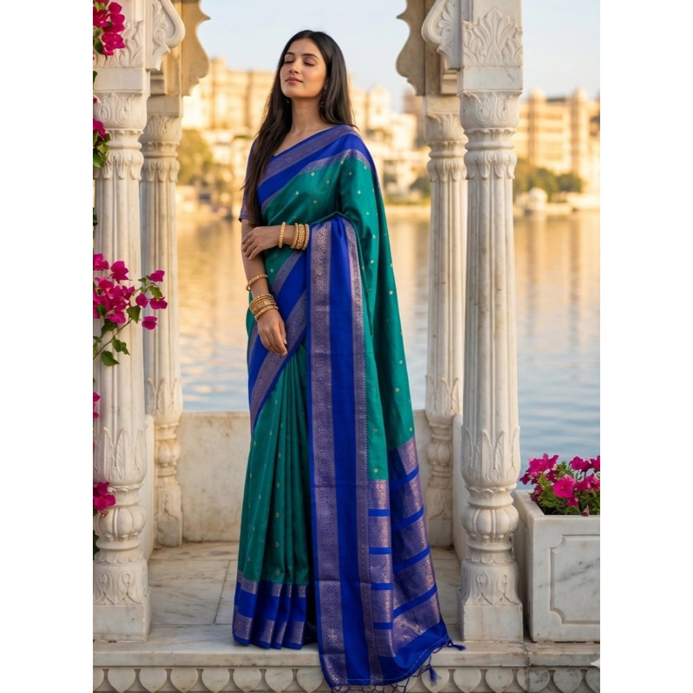 Women's Silk Blend Printed Saree With Unstitched Blouse 5.5 Mtr (Teal-Blue)