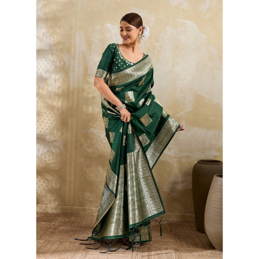 Women's Silk Blend Printed Saree With Unstitched Blouse 5.5m (Dark Green)