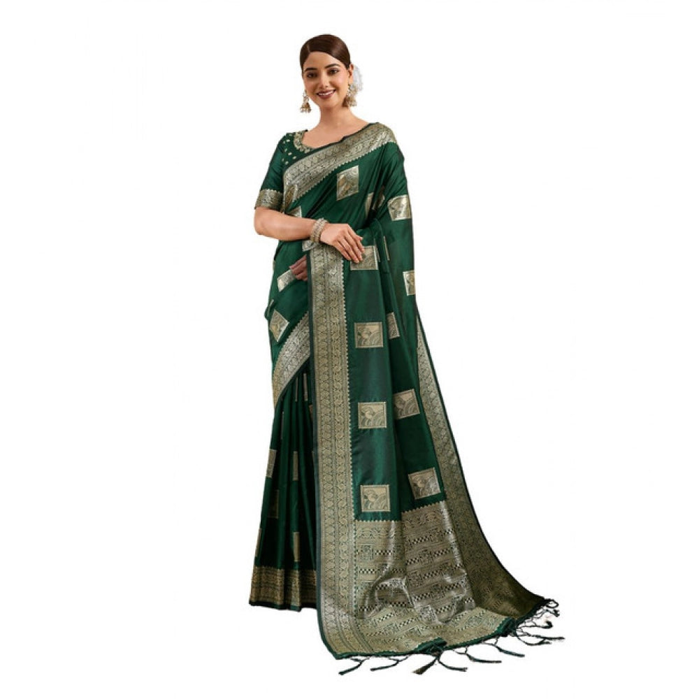 Women's Silk Blend Printed Saree With Unstitched Blouse 5.5 Mtr (Dark Green)
