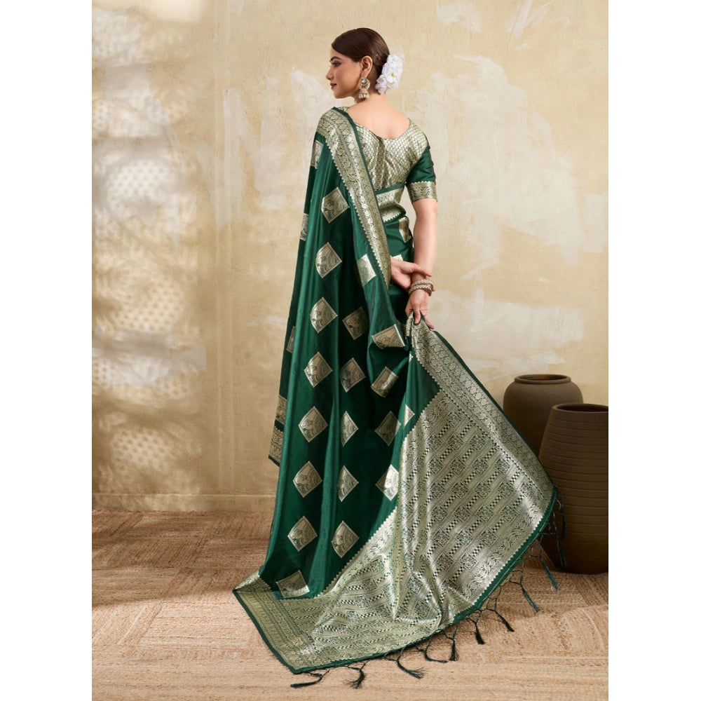 Women's Silk Blend Printed Saree With Unstitched Blouse 5.5 Mtr (Dark Green)
