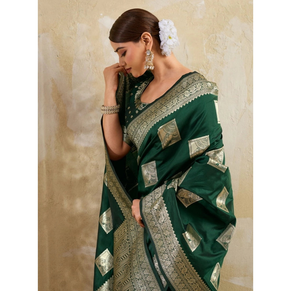 Women's Silk Blend Printed Saree With Unstitched Blouse 5.5 Mtr (Dark Green)