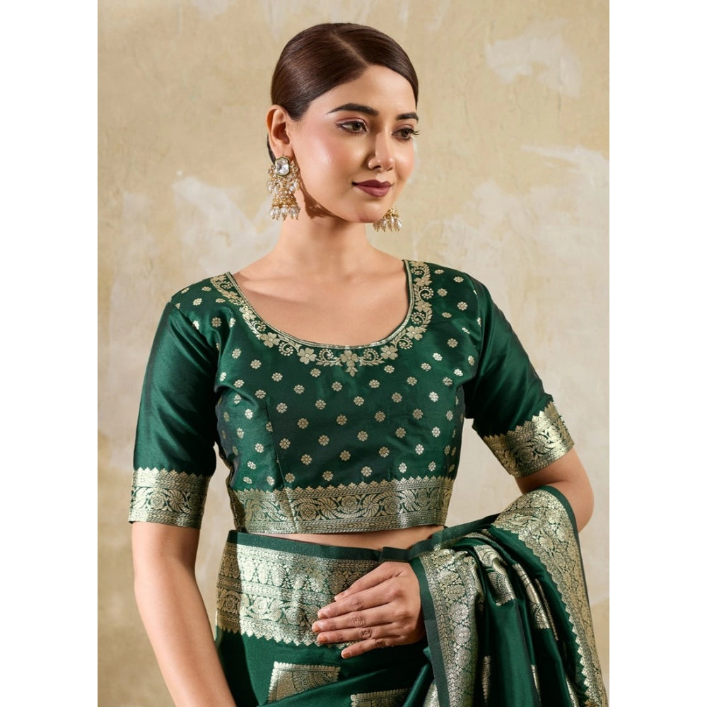 Women's Silk Blend Printed Saree With Unstitched Blouse 5.5 Mtr (Dark Green)