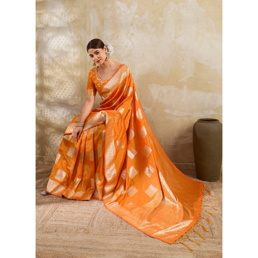 Women's Silk Blend Printed Saree With Unstitched Blouse 5.5m (Orange)