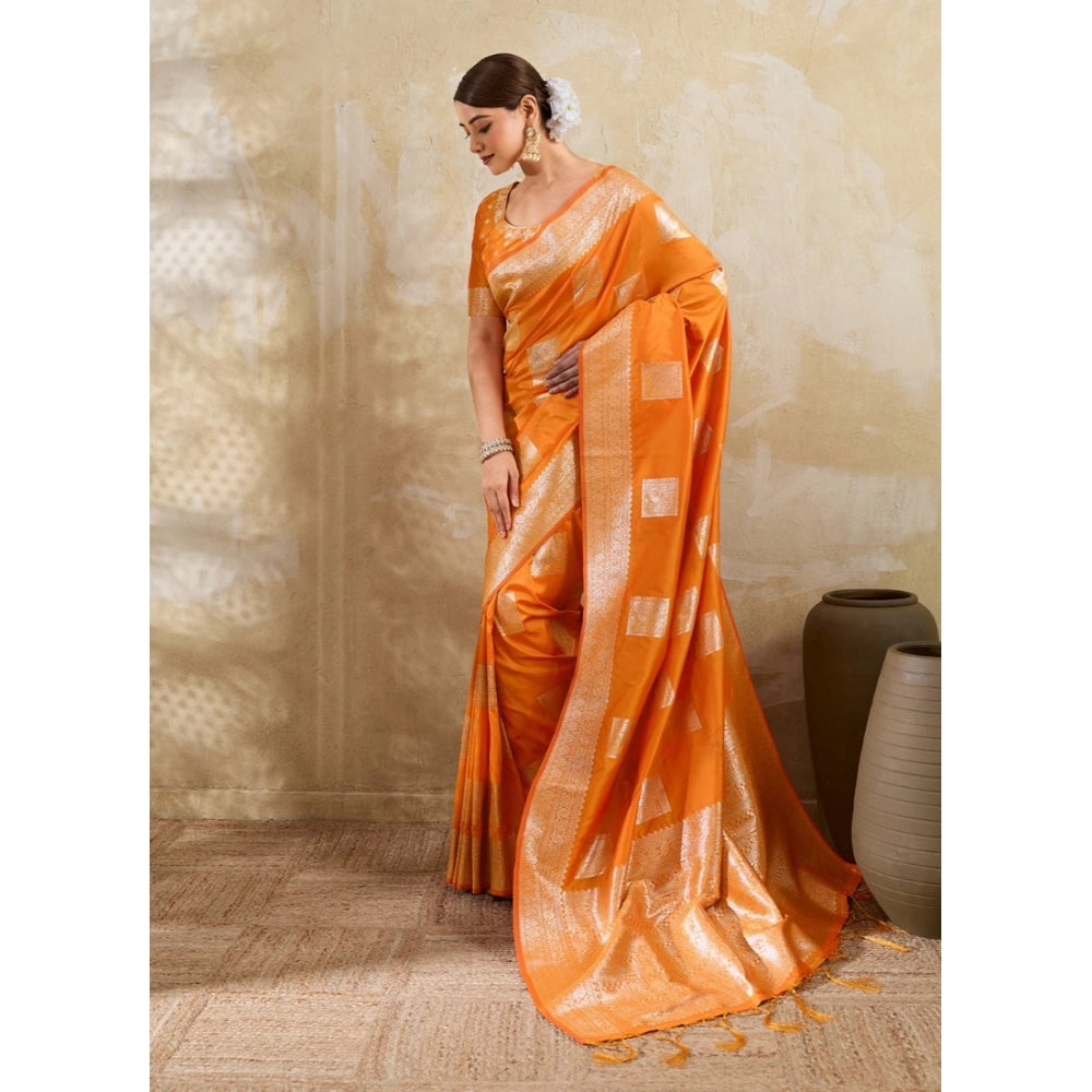 Women's Silk Blend Printed Saree With Unstitched Blouse 5.5 Mtr (Orange)