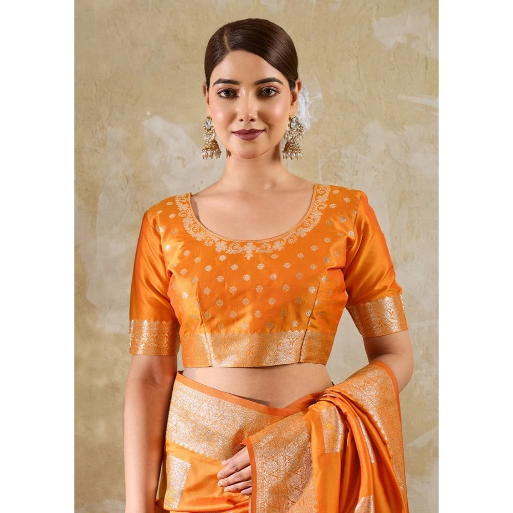 Women's Silk Blend Printed Saree With Unstitched Blouse 5.5 Mtr (Orange)