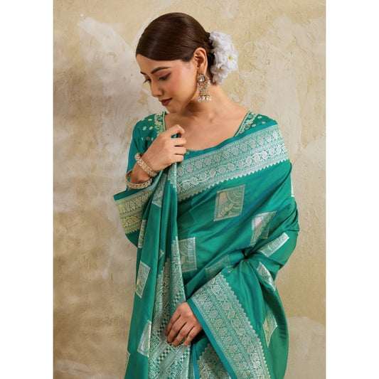 Women's Silk Blend Printed Saree With Unstitched Blouse 5.5m (Sea Green)