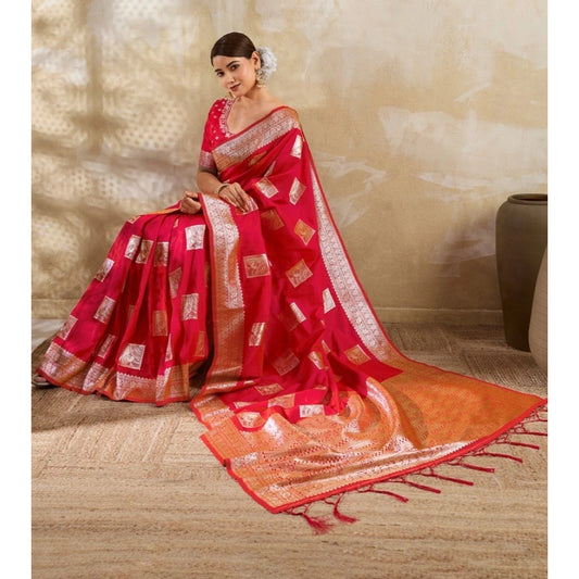 Women's Silk Blend Printed Saree With Unstitched Blouse 5.5m (Red)