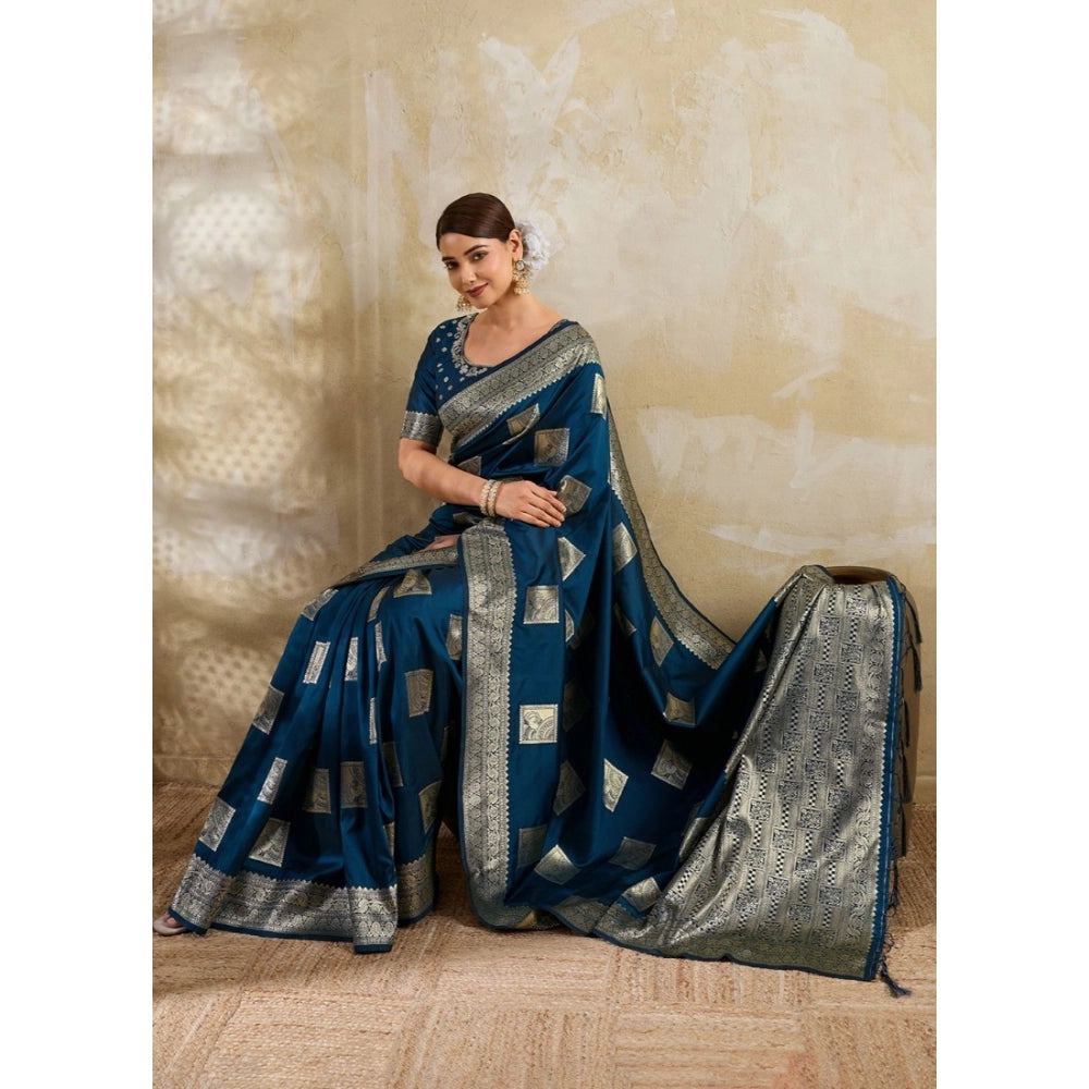 Women's Silk Blend Printed Saree With Unstitched Blouse 5.5 Mtr (Teal Blue)