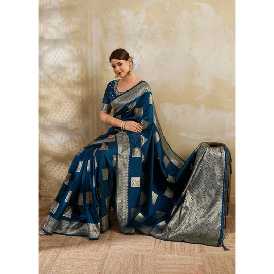 Women's Silk Blend Printed Saree With Unstitched Blouse 5.5m (Teal Blue)