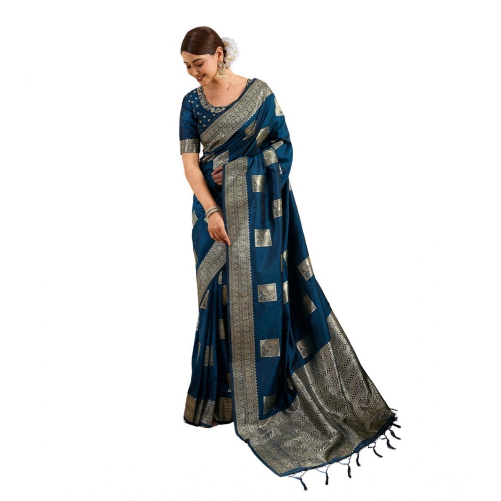 Women's Silk Blend Printed Saree With Unstitched Blouse 5.5 Mtr (Teal Blue)
