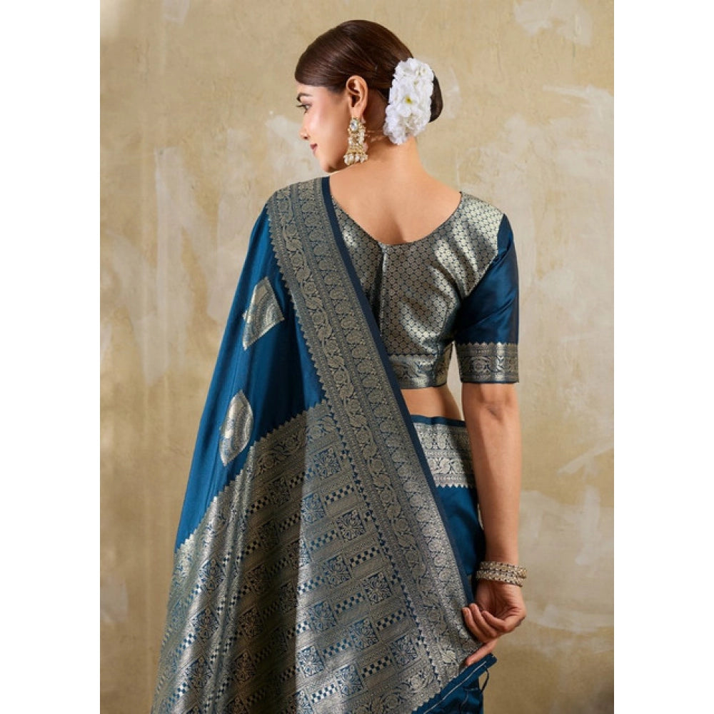 Women's Silk Blend Printed Saree With Unstitched Blouse 5.5 Mtr (Teal Blue)