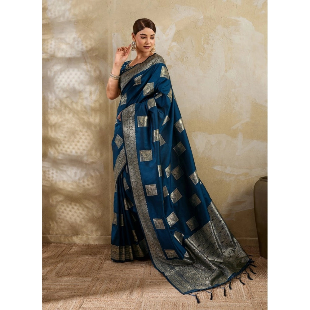 Women's Silk Blend Printed Saree With Unstitched Blouse 5.5 Mtr (Teal Blue)