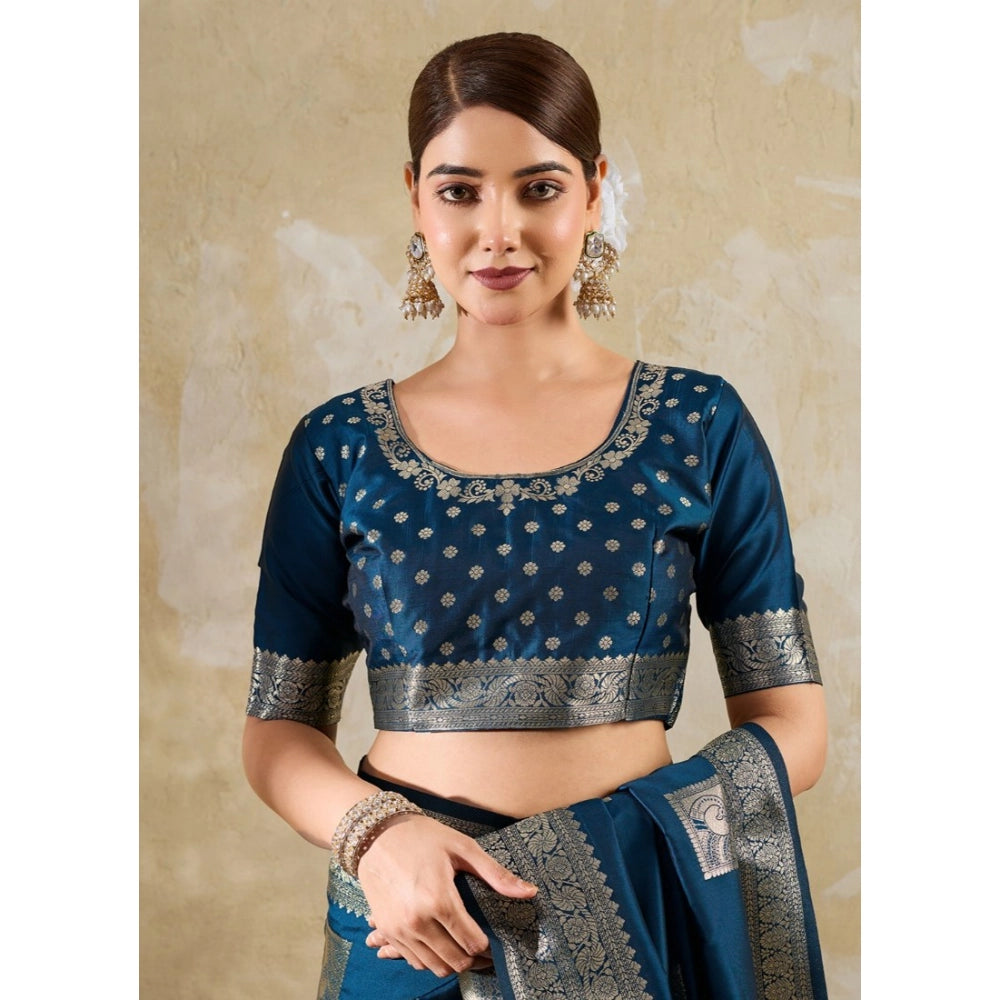 Women's Silk Blend Printed Saree With Unstitched Blouse 5.5 Mtr (Teal Blue)
