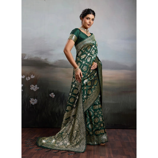Women's Silk Blend Printed Saree With Unstitched Blouse 5.5m (Bottel Green)