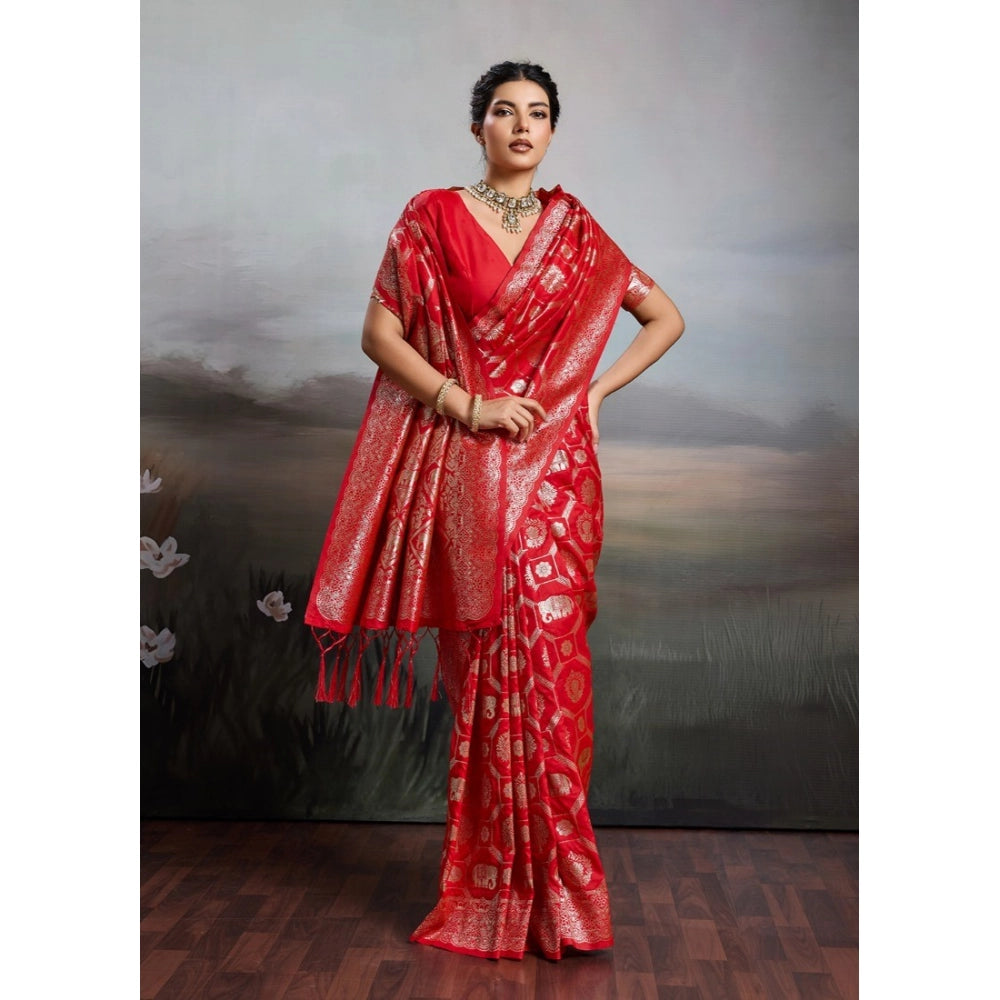 Women's Silk Blend Printed Saree With Unstitched Blouse 5.5 Mtr (Red)