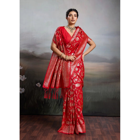 Women's Silk Blend Printed Saree With Unstitched Blouse 5.5m (Red)