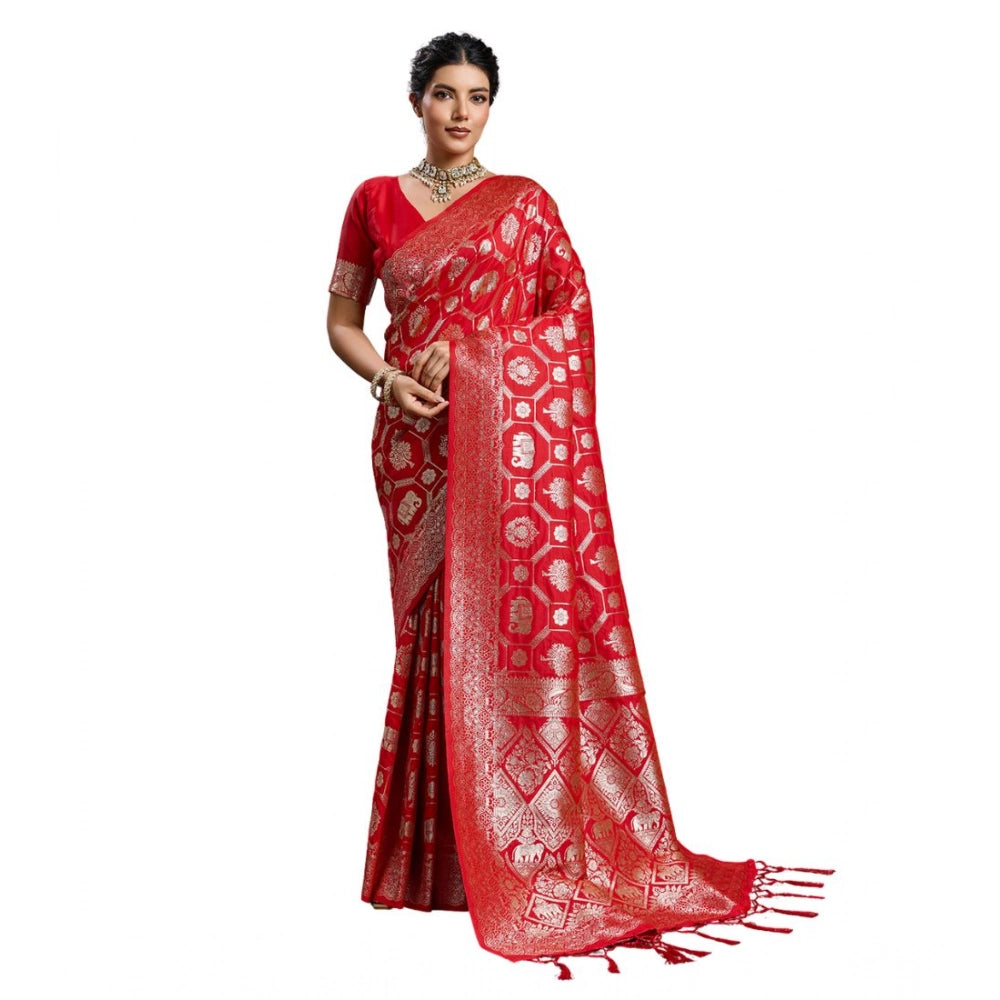 Women's Silk Blend Printed Saree With Unstitched Blouse 5.5 Mtr (Red)