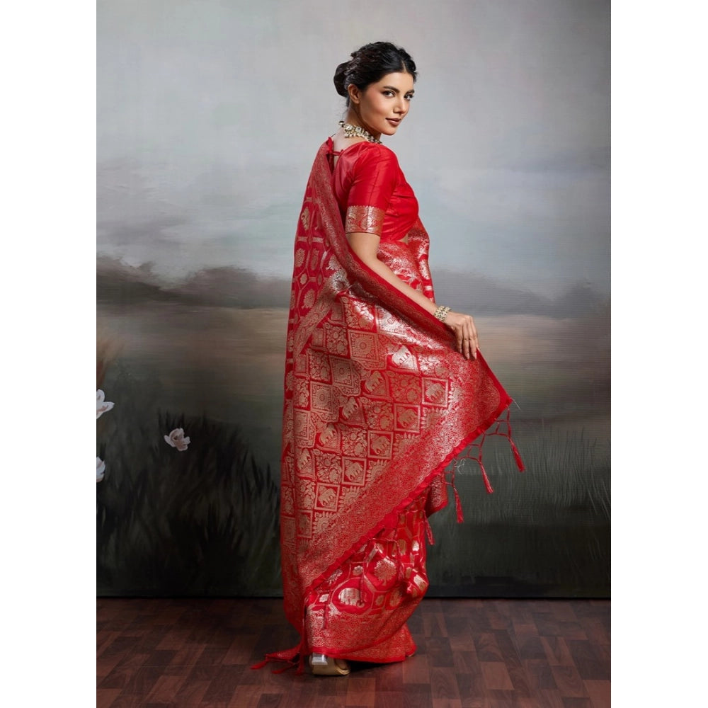 Women's Silk Blend Printed Saree With Unstitched Blouse 5.5 Mtr (Red)