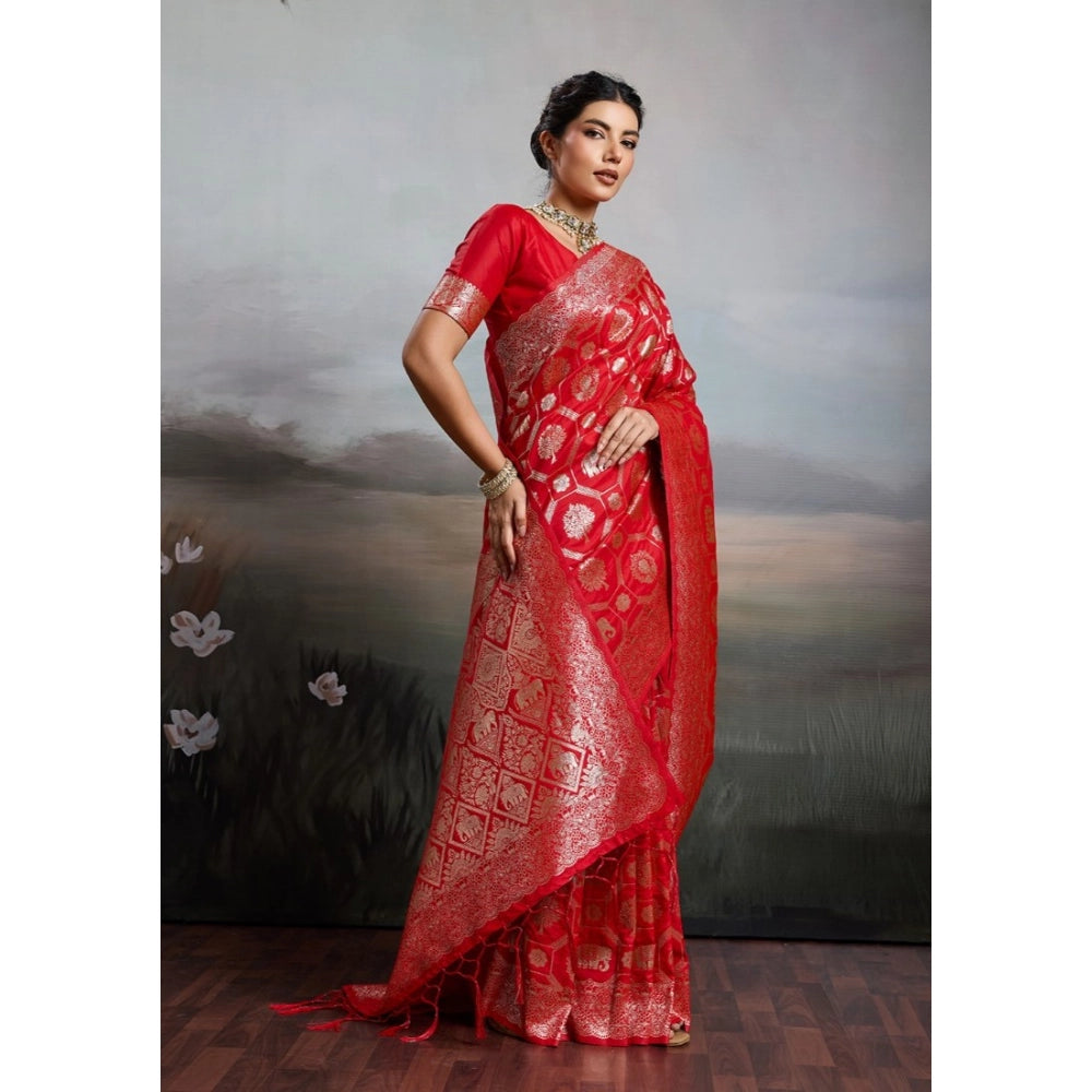 Women's Silk Blend Printed Saree With Unstitched Blouse 5.5 Mtr (Red)