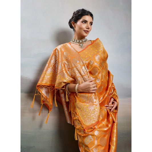 Women's Silk Blend Printed Saree With Unstitched Blouse 5.5m (Orange)