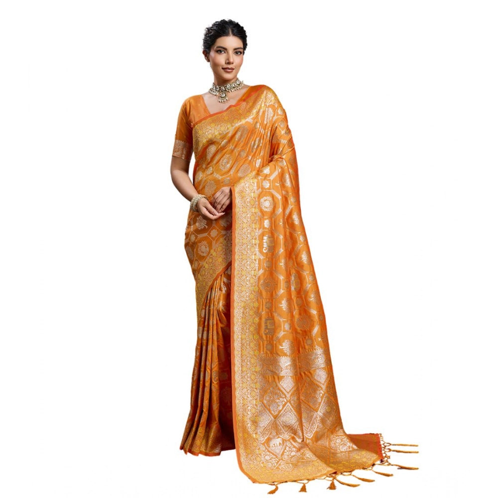 Women's Silk Blend Printed Saree With Unstitched Blouse 5.5 Mtr (Orange)