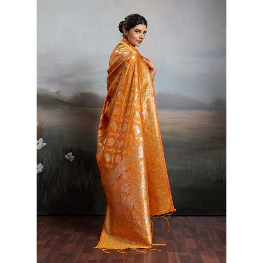 Women's Silk Blend Printed Saree With Unstitched Blouse 5.5 Mtr (Orange)