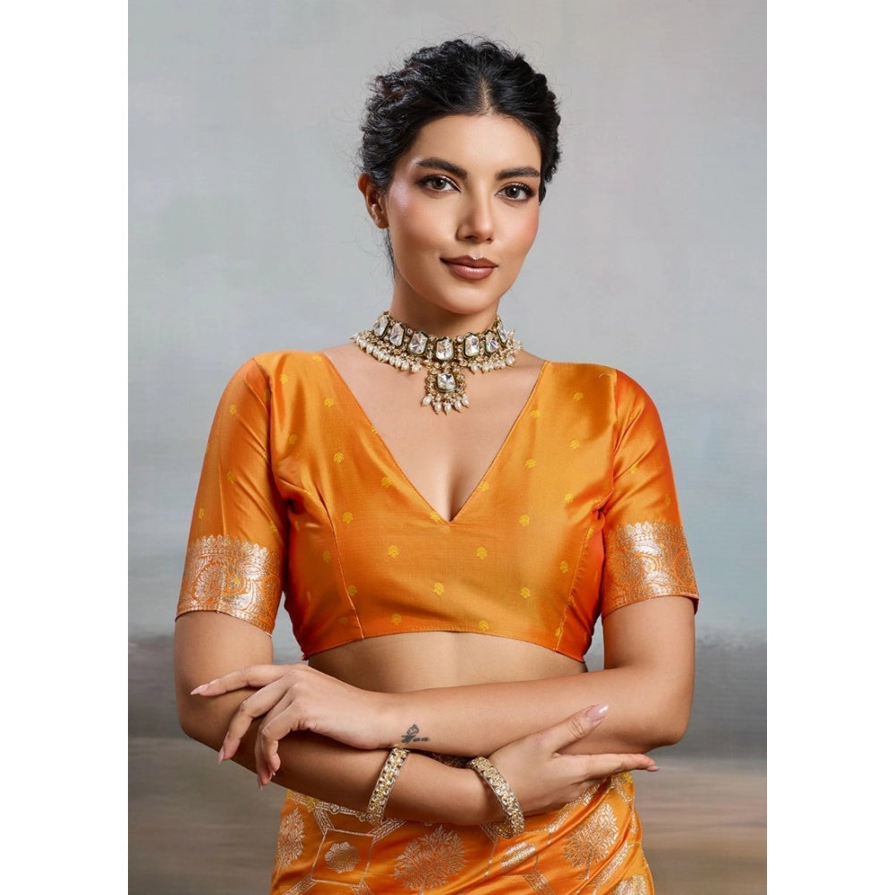 Women's Silk Blend Printed Saree With Unstitched Blouse 5.5 Mtr (Orange)
