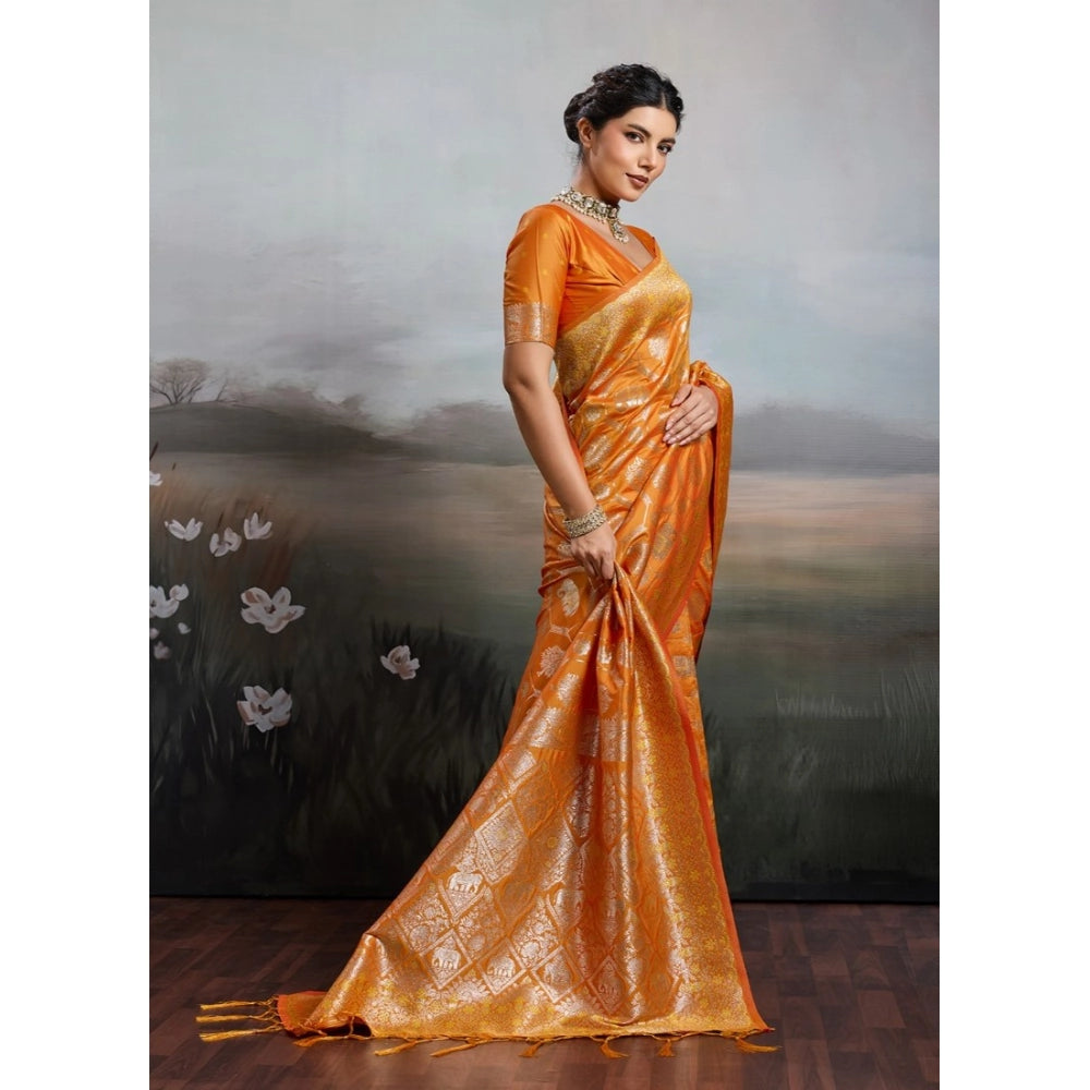 Women's Silk Blend Printed Saree With Unstitched Blouse 5.5 Mtr (Orange)