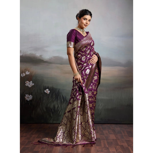 Women's Silk Blend Printed Saree With Unstitched Blouse 5.5m (Wine)