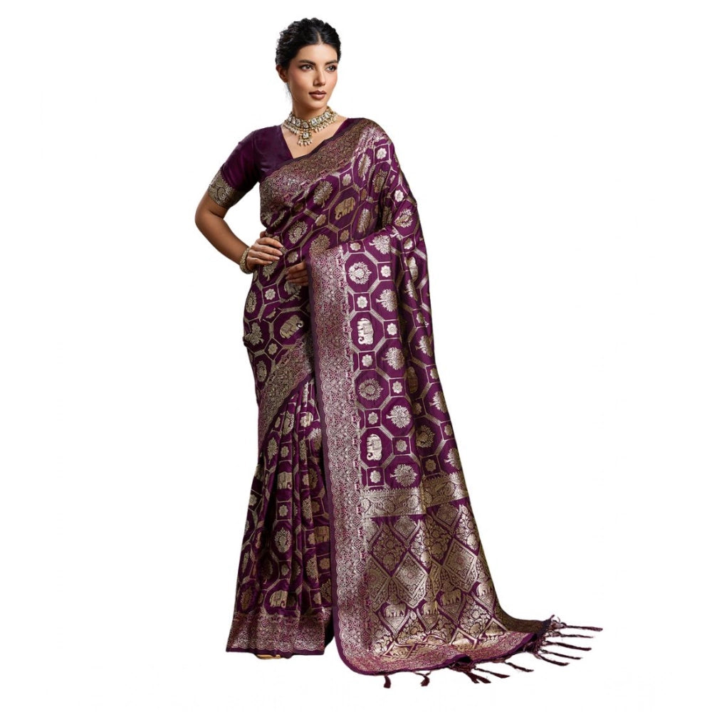 Women's Silk Blend Printed Saree With Unstitched Blouse 5.5 Mtr (Wine)