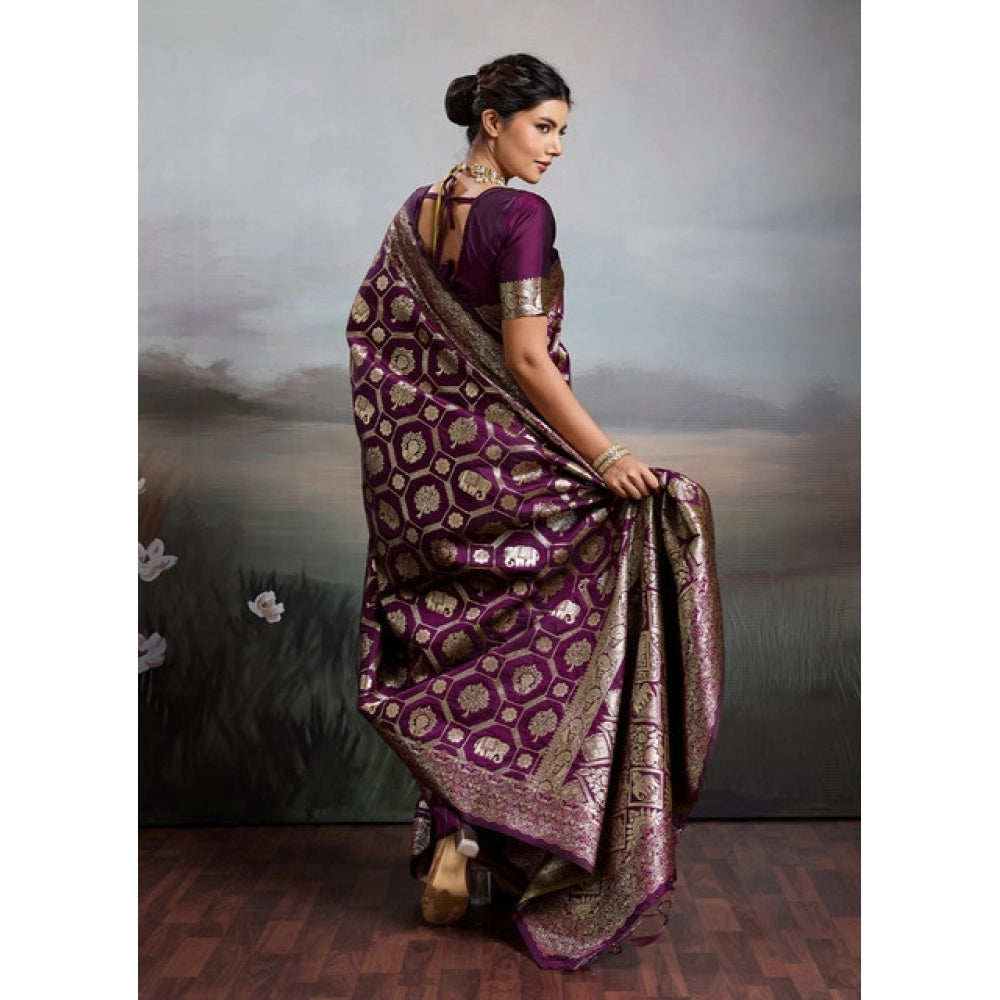 Women's Silk Blend Printed Saree With Unstitched Blouse 5.5 Mtr (Wine)