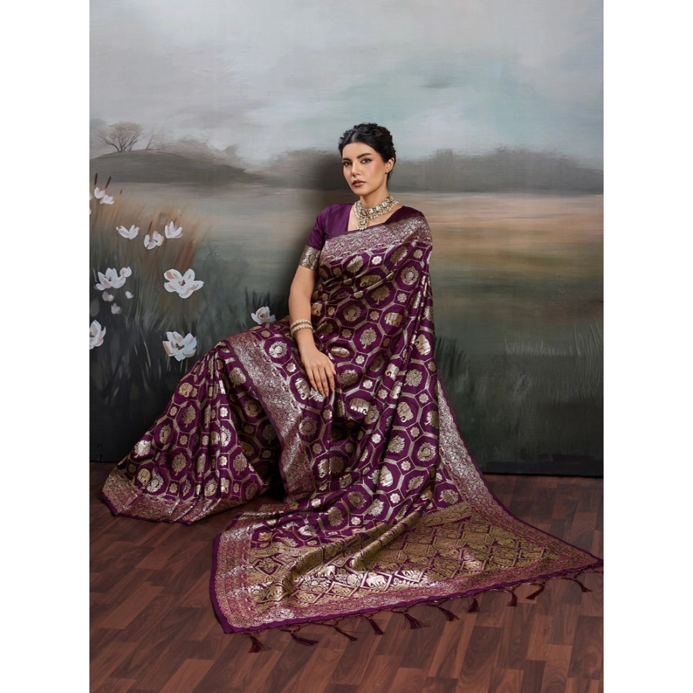 Women's Silk Blend Printed Saree With Unstitched Blouse 5.5 Mtr (Wine)