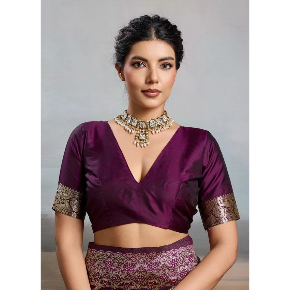 Women's Silk Blend Printed Saree With Unstitched Blouse 5.5 Mtr (Wine)